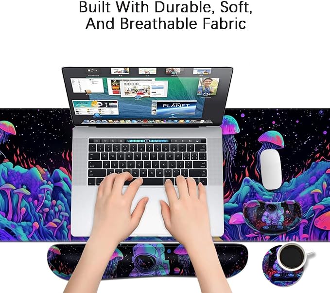 Desk Mat, Large Gaming Mouse Pad with Wrist Rest, 4 in1 XXL Mouse pad+Keyboard Wrist Rest+Mouse Pad Wrist Support+Cup Coaster Set, Ergonomic Desk Pad for Home Office,Spaceman