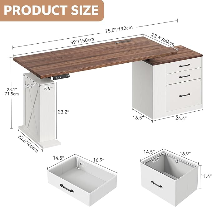 75.5'' Electric Standing Desk with Drawers, Farmhouse Height Adjustable Corner Desk, Sit Stand Office Desk with 4 AC Outlets & Type C Port, Executive Computer Desk, Brown & White