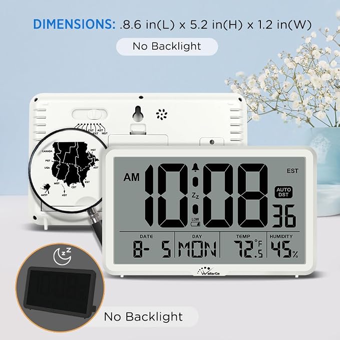 WallarGe Auto Set Digital Wall Clock Battery Operated, Auto DST | Desk Clock with Temperature, Humidity and Date, Large Display Digital Calendar Alarm Clock for Bedroom, Office, Classroom