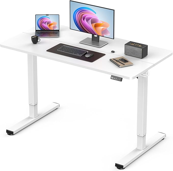 40" Electric Standing Desk Adjustable Height, Sit Stand up Desk for Home Office & Computer Workstation, 2 Memory Height Settings, Splice Board, 2 Hooks, White Frame/White Top