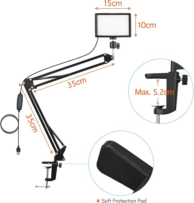 Andoer Desktop USB Video Conference Lighting Kit with LED Video Light 3200K-5600K Dimmable + Desk Mount Metal Light Stand + 360° Rotatable Ballhead + 5 Color Filters for Live Streaming Video
