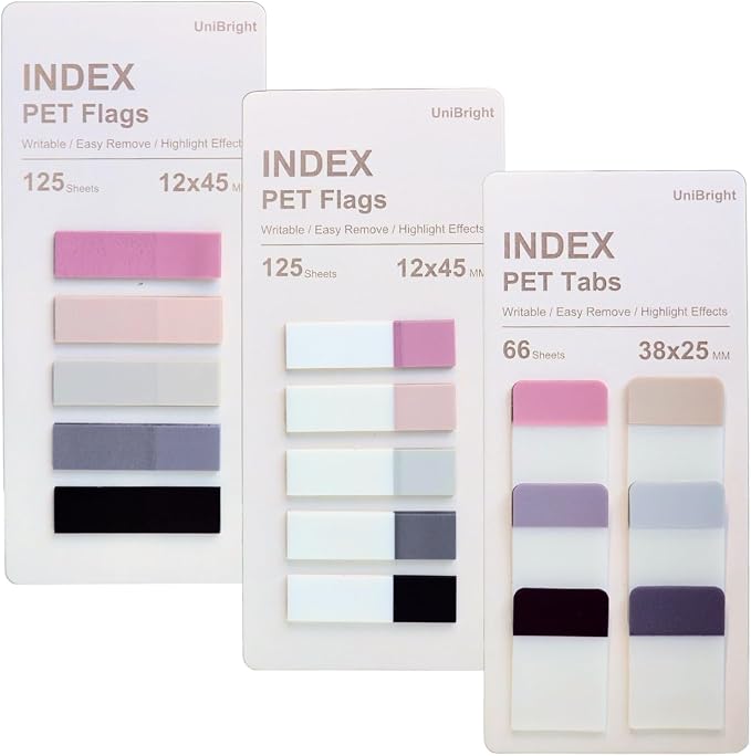 UniBright 316 Pcs Sticky Tabs for Books, Transparent Writable Page Markers, Repositionable Bible Sticky Notes with Strong Adhesive, Morandi Colors, Multiple Sizes for Office School Home