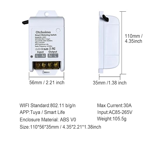 30A Hight Power WiFi Wireless Smart Switch with Energy Monitoring, DIY Switch for Smart Home Automation, Tuya APP Remote Control, Timer, Compatible with Alexa & Google Home
