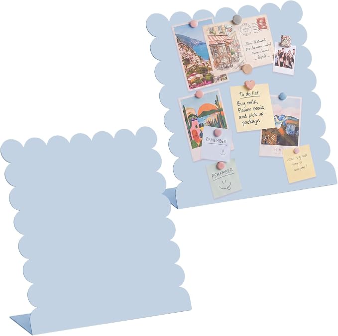 Gueevin 2 Pcs Magnet Board Standing Magnetic Metal Board for Desk and Wall Scalloped Magnetic Display Stand for Memos Photos and Documents Home Office School Desk Storage Decoration(Blue,Medium)
