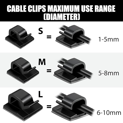 Maitys 60 Pcs Adhesive Cable Wire Clips Outdoor, Christmas Light Clips Cable Management Cord Holder Organizer for Fairy String Light Under Desk, Wall, Car, TV PC Ethernet(Small,Black)