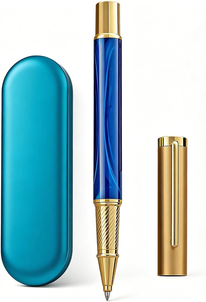Luxury Rollerball Pen with Gold Trim, Elegant Resin Writing Instrument, Fine Point Black Ink Refill, Business Signature Pen with Metal Gift Box for Executive, Men, Women (Glacier Blue)