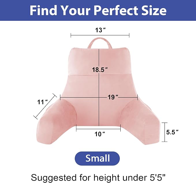 IPYNBAP Back Pillow for Bed Sitting up, Reading Pillow for Sitting in Bed Adult, Back Support Pillow, Memory Foam Sit up Lounge Backrest Pillow with Arms for TV, Couch, Chair, Dorm, 18 Inch, Pink