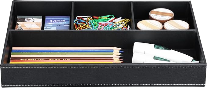 Pu Leather Desk Organizer Tray, 4 Compartment Office Storage Supplies Stationery Drawer Tray, Nightstand Bedside Tray for Key, Wallet, Sunglass, Watch, Coin, Phone Valet Tray Stackable Black