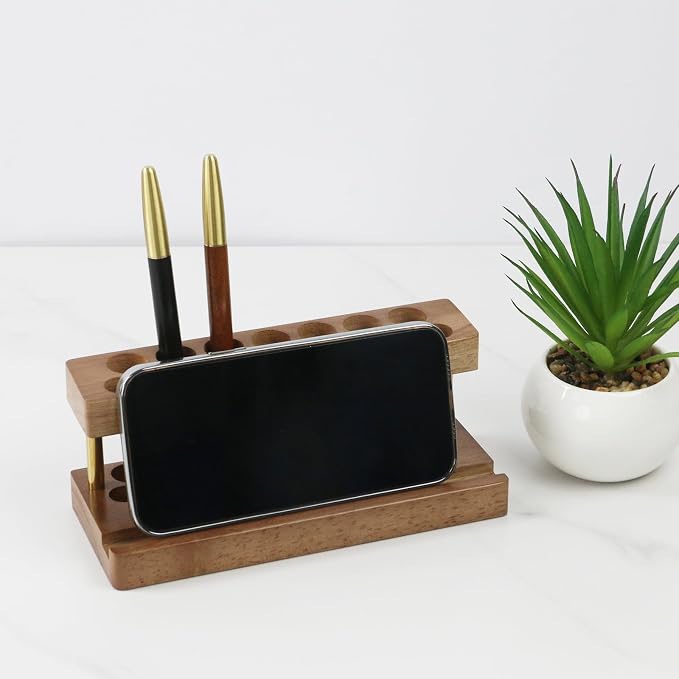 Crapyt Wooden Pen Display Stand with 15 Slots and Cell Phone Stand | Unique Pencil Holder for Desk Decor Minimalist Desk Organizer (Walnut Color)