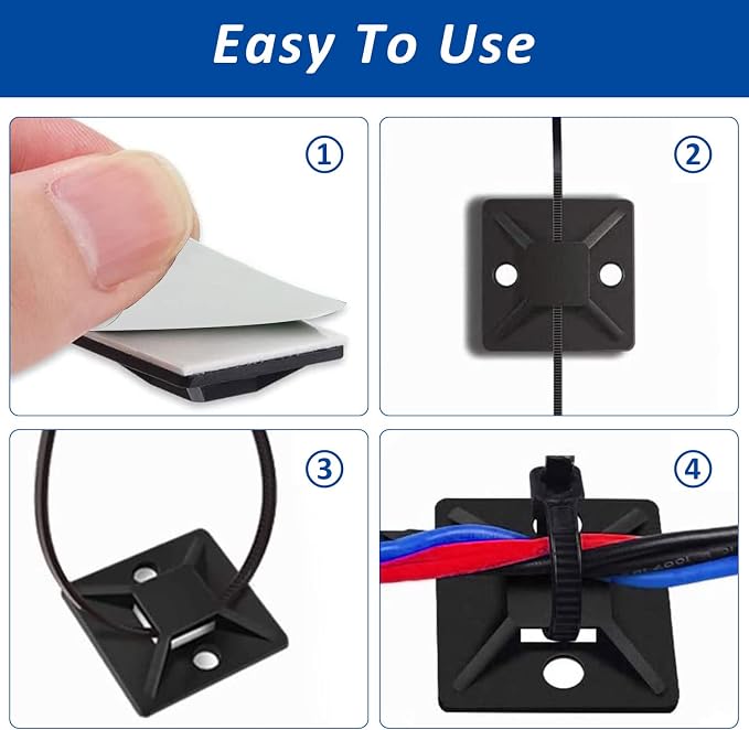 Strong Back-Glue Self Adhesive Cable Zip Tie Mounts Kit - 100 Set Cable Management Clips with 6" Zip Ties, Wire Holders - Outdoor Sticky Wire Organizer Clips-Black