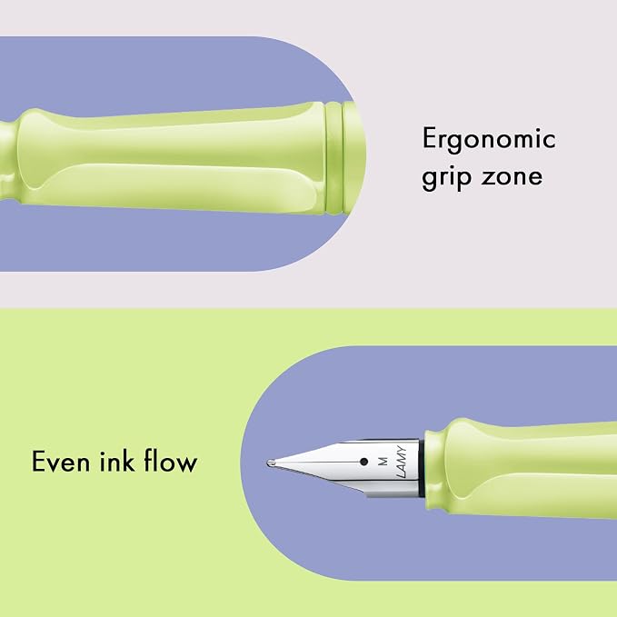 LAMY safari springgreen - Fountain Pen with ergonomic grip & polished steel nib in size B - ideal for any Writing & Calligraphy - including LAMY T 10 blue cartridge - Right-Handed