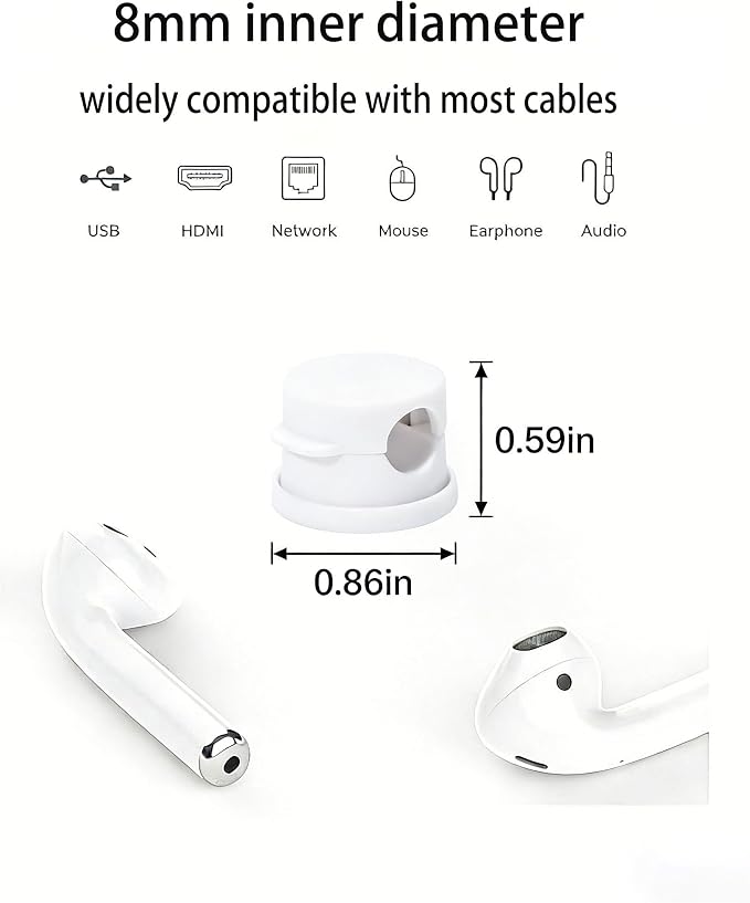 6PC 360° Rotatable Spring Cable Management, Cord Organizer Holder for Desk, Strong Adhesive Cable Clips Desk Accessories, Adjustable Wire Keeper for Nightstand, Home, Office, RV (White)
