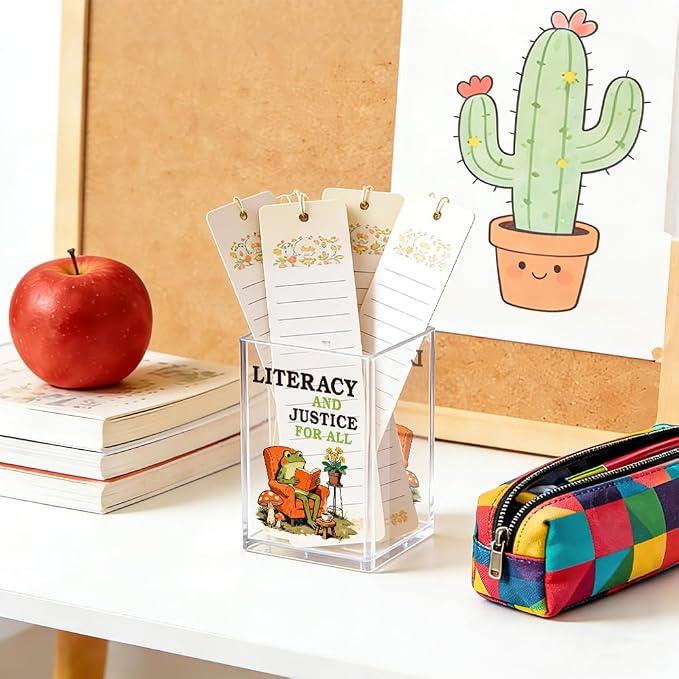 Literacy and Justice For All Acrylic Pencil Pen Holder Cup, Cute Bookish Makeup Brush Storage Organizer, Reading Book Club Desk Accessories Holder Gifts for Daughter Librarian Teacher Holders