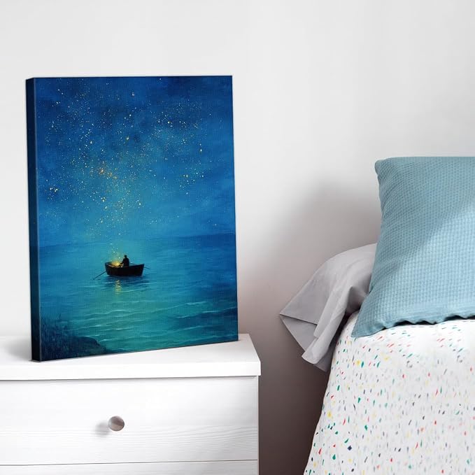 Ocean Wall Art, Blue Night Sea Boat Starry Sky Canvas Wall Decor, Aesthetic Seascape Canvas Poster Pictures, Calm Minimalist Print for Living Room Bedroom Office 8x10 Framed