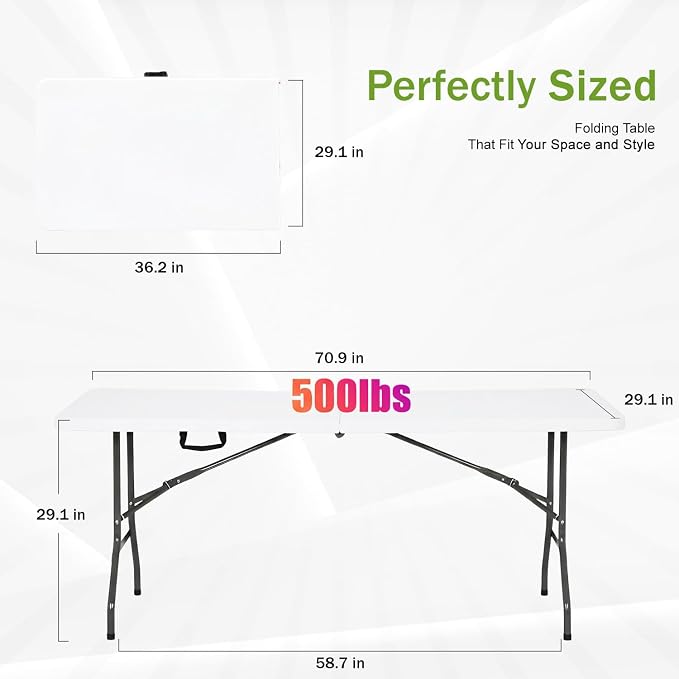 FDW 6FT Plastic Folding Table, Portable with Carrying Handle Perfect for Indoor, Outdoor, Party, Dining, Wedding, Events, Camping, White