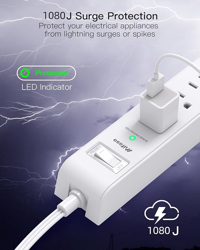 Long Power Strip Flat Plug Extension Cord, 10-in-1 with 6 AC Outlets 4 USB Ports(2 USB-C), Ultra Flat Plug Braided Extension Cord, Wall Mountable, 1080J Surge Protection