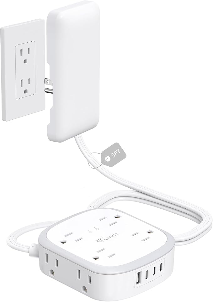 Outlet Cover Extension Cord Short 3ft, NUTICT Flat Plug Power Strip with 8 Outlets & 3 USB-C & 1 USB-A Port, 13A/1625W, 1440J Surge Protector, Indoor 3 Prong Flat Wall Plug for Tight Spaces, White