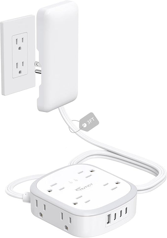 Outlet Cover Extension Cord Short 3ft, NUTICT Flat Plug Power Strip with 8 Outlets & 3 USB-C & 1 USB-A Port, 13A/1625W, 1440J Surge Protector, Indoor 3 Prong Flat Wall Plug for Tight Spaces, White