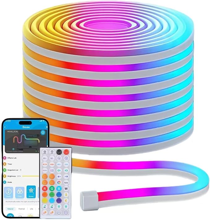 RGBIC Neon Rope Lights, Smart LED Neon Rope Lights with Remote APP Control，Music Sync, Custom DIY Neon Strip Lights for Gaming Room and Wall Decor, Secure Mounting Clips, 32.8ft