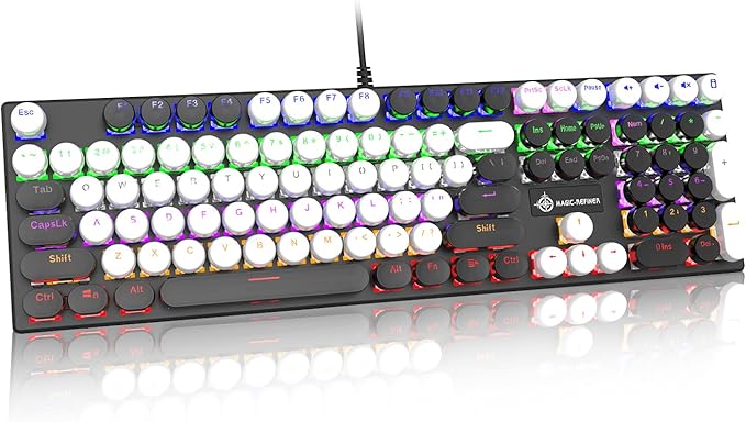Typewriter Style Retro Wired Mechanical Gaming Keyboard,Vintage Steampunk Keyboard with Rainbow Backlit,104-Key Red Switch Cute Keyboard with Number Pad,Round Keycaps Computer Keyboard for Win/Mac