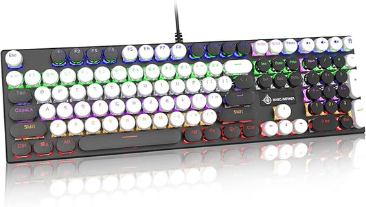 Typewriter Style Retro Wired Mechanical Gaming Keyboard,Vintage Steampunk Keyboard with Rainbow Backlit,104-Key Red Switch Cute Keyboard with Number Pad,Round Keycaps Computer Keyboard for Win/Mac