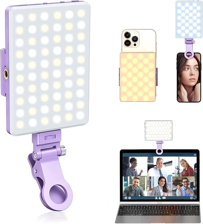 Selfie Light, Phone Light with Front & Back Clip, 60 LED Portable Light with 3 Modes, 5000mAh Rechargeable Video Light for Phone, iPhone, IPad, Laptop, TikTok, Makeup, Live Stream, Vlog(Purple)
