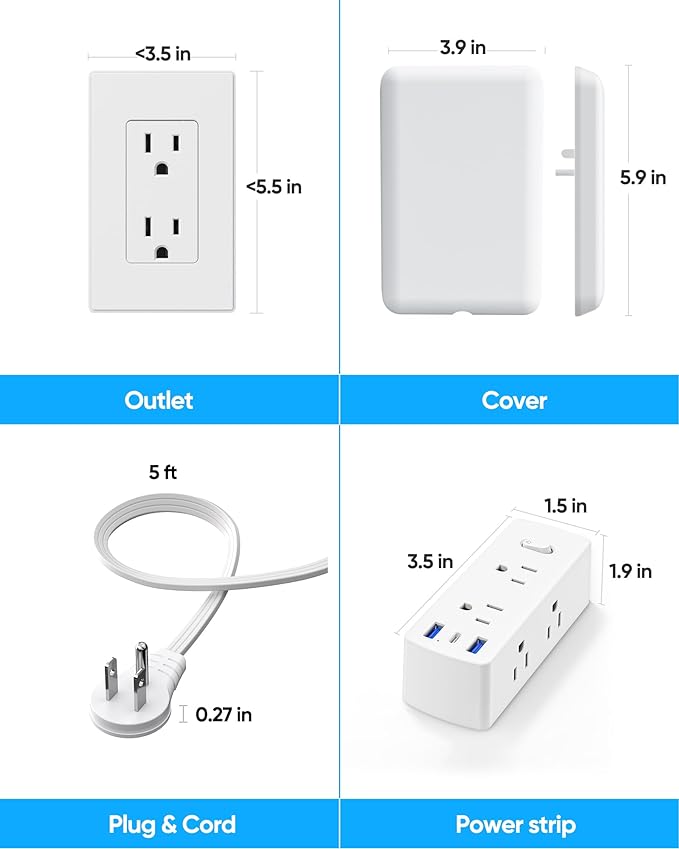 Olcorife Flat Extension Cord with Outlet Cover, Flat Plug Power Strip with 6 Outlets and 3 USB Ports, 5 FT Cord Hidden Outlet Extender for Tight Spaces
