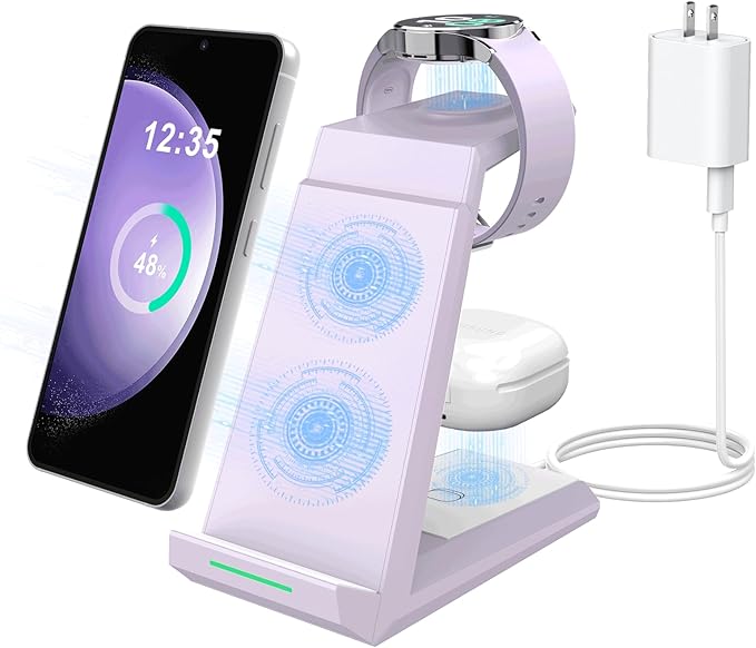 Wireless Charger for Samsung Charging Station, ADADPU 3 in 1 Charging Station for Multiple Devices Dock for Samsung Galaxy S25 S24 Ultra S23 S22 S21 Z Flip/Fold 5, Galaxy Watch 7/6/5/4/3/Buds (Purple)