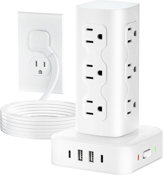 Power Strip Tower Surge Protector(2000J), Flat Plug Charging Station Tower with 12 AC Outlets & 4 USB Ports(2 USB C), 6FT Extension Cord for Home Office Dorm, White