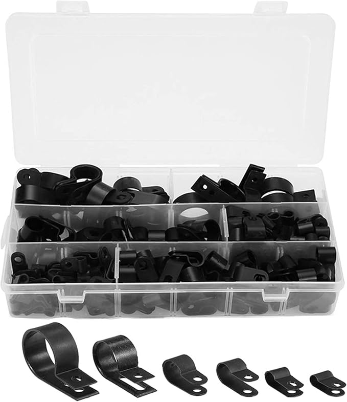 Orgrimmar 200 Pcs Black Nylon Plastic R-Type Cable Clamps for Cable Conduit | 3/16" 1/4" 3/8" 1/2" 3/4" 1" Clips Fasteners Assortment Clamps