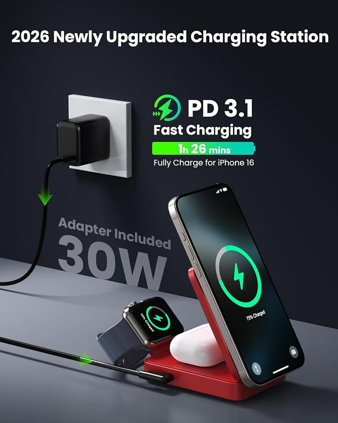 3 in 1 Wireless Charger Charging Station for iPhone,Travel Foldable Magnetic 15W Fast Wireless Charger Stand for Mag-Safe with 30W USB C Adapter for iPhone 17/16/15/14/13/12,Apple Watch,AirPods