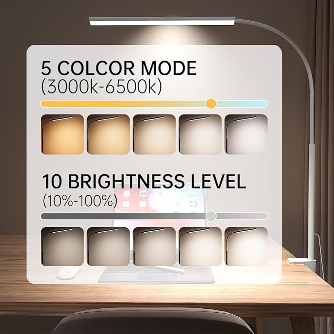 LED Desk Lamp with Clamp, 5 Color Modes & 10 Brightness Levels, Eye-Caring Desk Light, Flexible Gooseneck, Memory Function, Adapter Included for Home Office, Reading & Study