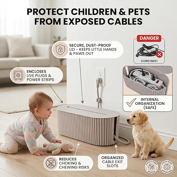 Cable Management Box – Home & Office Desk Cord Organizer Hide Power Strip & Under Desk TV Computer Wire Pet Friendly Child-Proof Floor Cord Management Cover - Beige