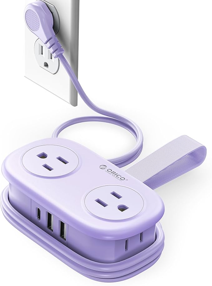 ORICO 4FT Purple Cruise Approved Travel Power Strip with 4 AC Outlets, 2 USB-A Ports, and 1 USB-C Port, 45° Flat Plug Extension Cord with Non Surge Protector for Travel/Dorm/Office ETL Listed -AP3