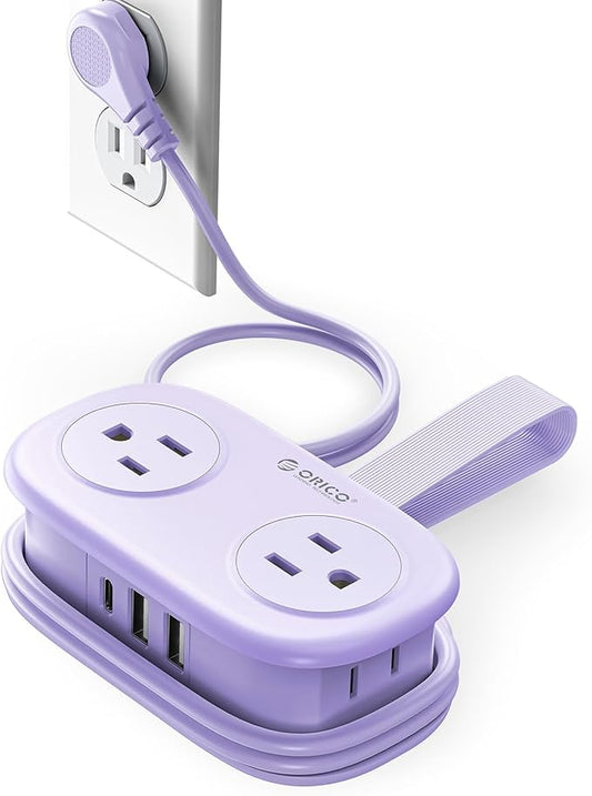 ORICO 4FT Purple Cruise Approved Travel Power Strip with 4 AC Outlets, 2 USB-A Ports, and 1 USB-C Port, 45° Flat Plug Extension Cord with Non Surge Protector for Travel/Dorm/Office ETL Listed -AP3