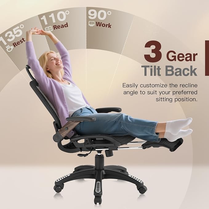 Ergonomic High-Back Office Chair with Footrest – Flip-Up Arms, 3D Headrest, 135° Recline, and Wide Mesh Seat with Lumbar Support. Rolling Swivel Task Chair for Gaming or Work, Sturdy, 300 LBS.