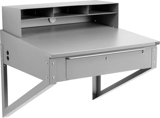 Global Industrial Wall Mount Shop Desk with Pigeonhole Riser, 34" W x 30" D, Steel Construction with Gray Powder Coat Finish, Standing Workstation, for Warehouses & Receiving