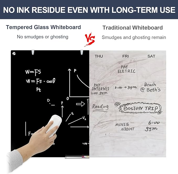 Glass Whiteboard Black Dry Erase Board Magnetic, TANKEE Modern Large Frameless Tempered Glass White Board for Wall, Office, Home, School, 48” x 32” Black Glassboard