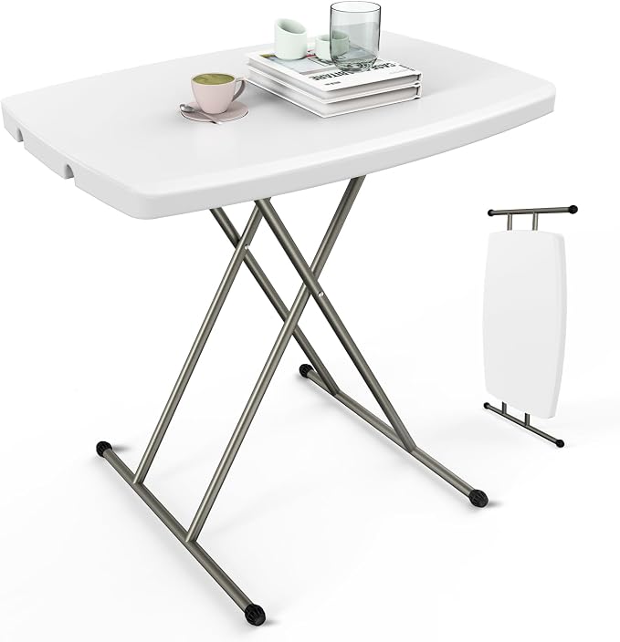 VINGLI Small Adjustable Folding Table, 13.8 in-28 in Height Personal Laptop TV Tray, HDPE Plastic Top with Steel Frame, 30 inch, White