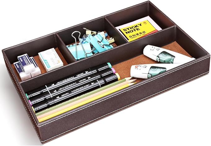 Pu Leather Desk Organizer Tray, 4 Compartment Office Storage Supplies Stationery Drawer Tray, Nightstand Bedside Tray for Key, Wallet, Watch, Coin, Phone Valet Tray Stackable