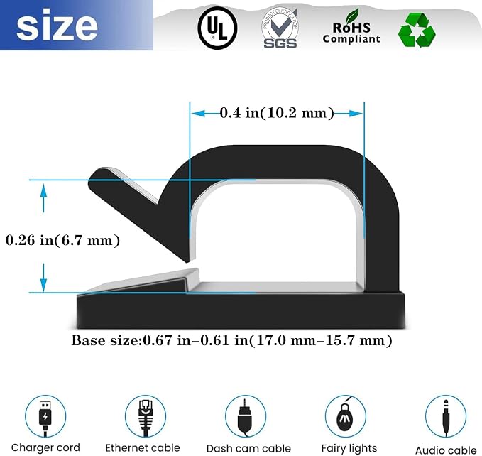 Adhesive Cable Management Wire Clips 100 Pcs,Wires Clips Holders for Cords on wall,Outdoor Cable Clips,Suitable for Under Tables,Cars,Walls