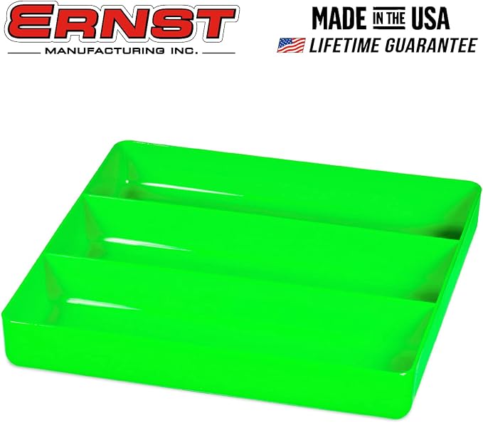Ernst Manufacturing Toolbox Tray: Stackable Garage Organizer Tray in Green with 3 Compartments - Ideal for Trades, Mechanics, Electricians, Plumbers, Household Use, Hobbies, and More - Heavy Duty