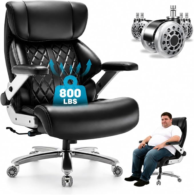 800lbs Big and Tall Office Chairs with 5D Flip Arms | Heavy Duty Desk Chair with Adjustable Lumbar Support, Office Chairs with Quiet Rubber Wheel and Extra Wide Seat