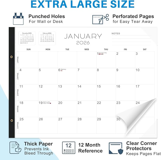 2026 Desk Calendar Large 22x17 – Desk Top Calendar 2026 with plastic cover