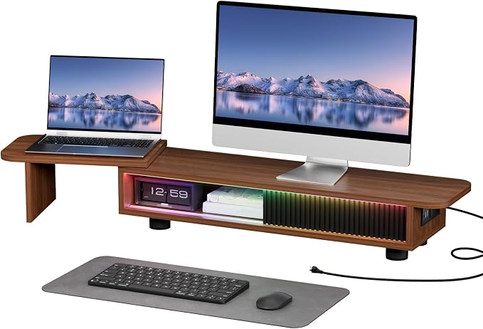 Artswish Dual Monitor Stand with Power Outlet, Brown Desk Monitor Riser | 2 AC Outlets & 2 USB Ports, RGB Lighting, Sliding Storage, Flexible Side Shelf, Desk Riser for Office, Work and Study