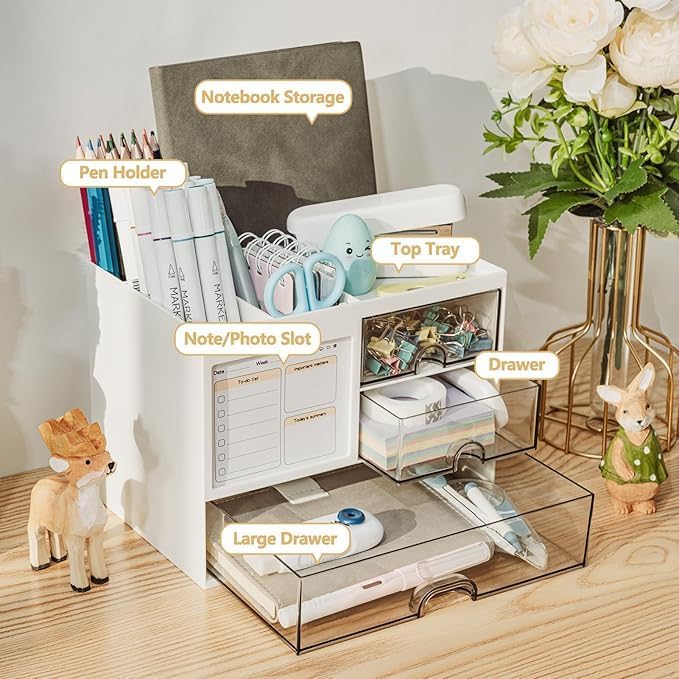 Desk Organiser with 6 Compartments, White, Ultimate Organisation, Includes Notepad