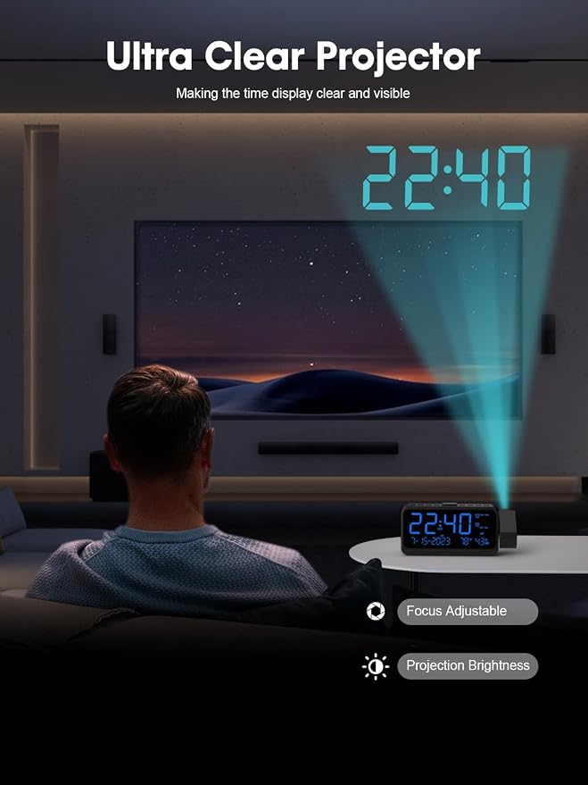 ROCAM Projection Alarm Clock with 180° Ceiling Projector & Digital Display | 5-Level Dimmer, Dual Alarms, Night Light, Temp & Humidity Display, Weekday/Weekend Mode, DST, Snooze Function for bedroom