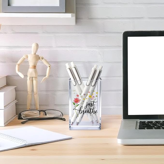 Just Breathe Acrylic Cosmetic Pencil Pen Holder Cup, Inspirational Dandelion Desk Organizer Accessories for Home Office Decor, Encouragement Gifts for Women Girl Coworker Daughter Yoga Teacher