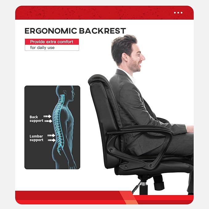 Home Office Chair Ergonomic Desk Chair PU Leather Task Chair Executive Rolling Swivel Mid Back Computer Chair with Lumbar Support Armrest Adjustable Chair for Men (Black)