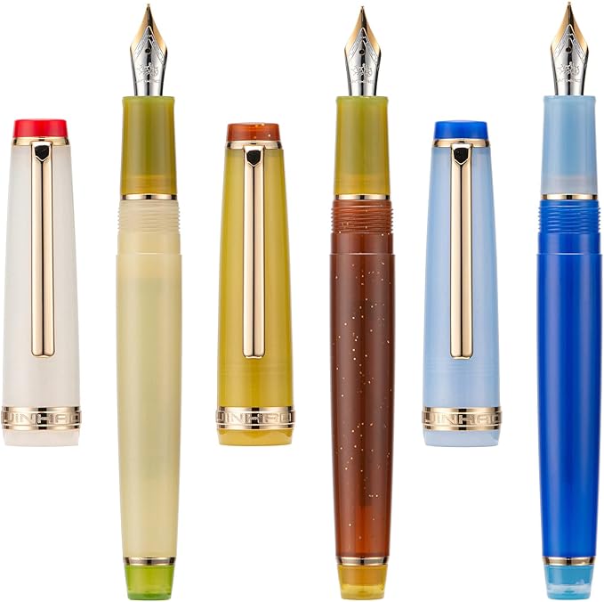 3 Jinhao 82 Fountain Pen Transparent Mixed Classic Color Acrylic Medium Point Gold Trim with Converter Set